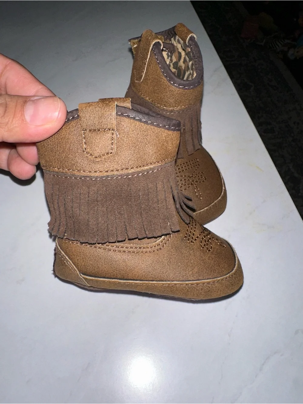 Twister Kids Brown Fringe Booties with Leopard Lining